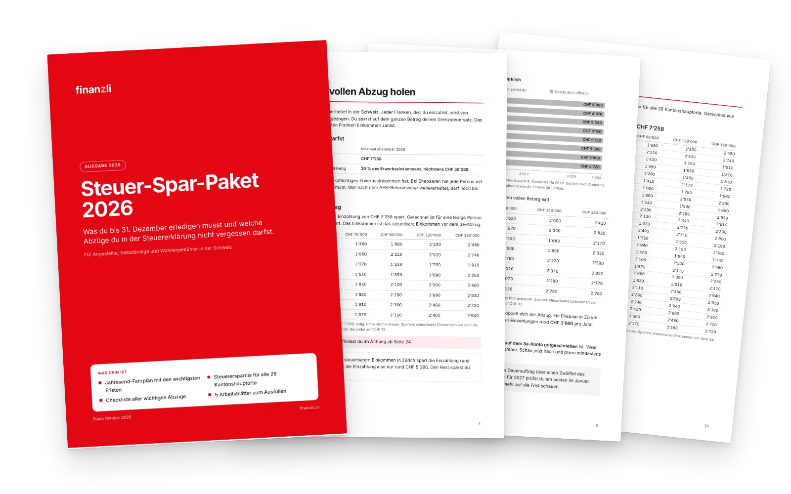 Das Steuer-Spar-Paket 2026 als PDF: Cover und Beispielseiten mit Tabellen, Grafik und dem Anhang für alle 26 Kantone